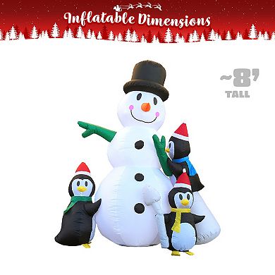 G128 8 ft H Snowman with Three Penguins Christmas Inflatable Decor with LED Lights