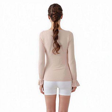 Women's Ribbed Knit Top With Gathered Bell Cuff