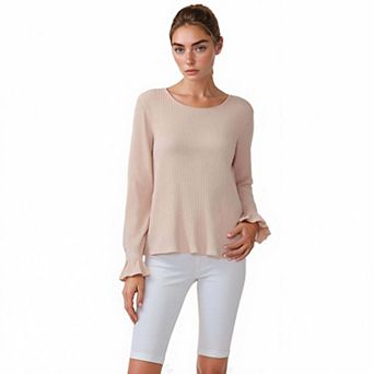 Women's Ribbed Knit Top With Gathered Bell Cuff