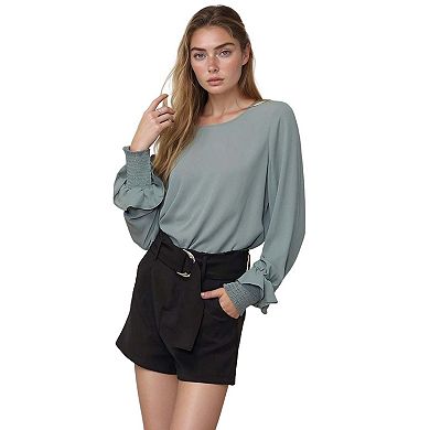 Round Neck Smocked Ruffle Cuff Top