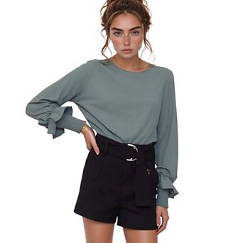 Round Neck Smocked Ruffle Cuff Top