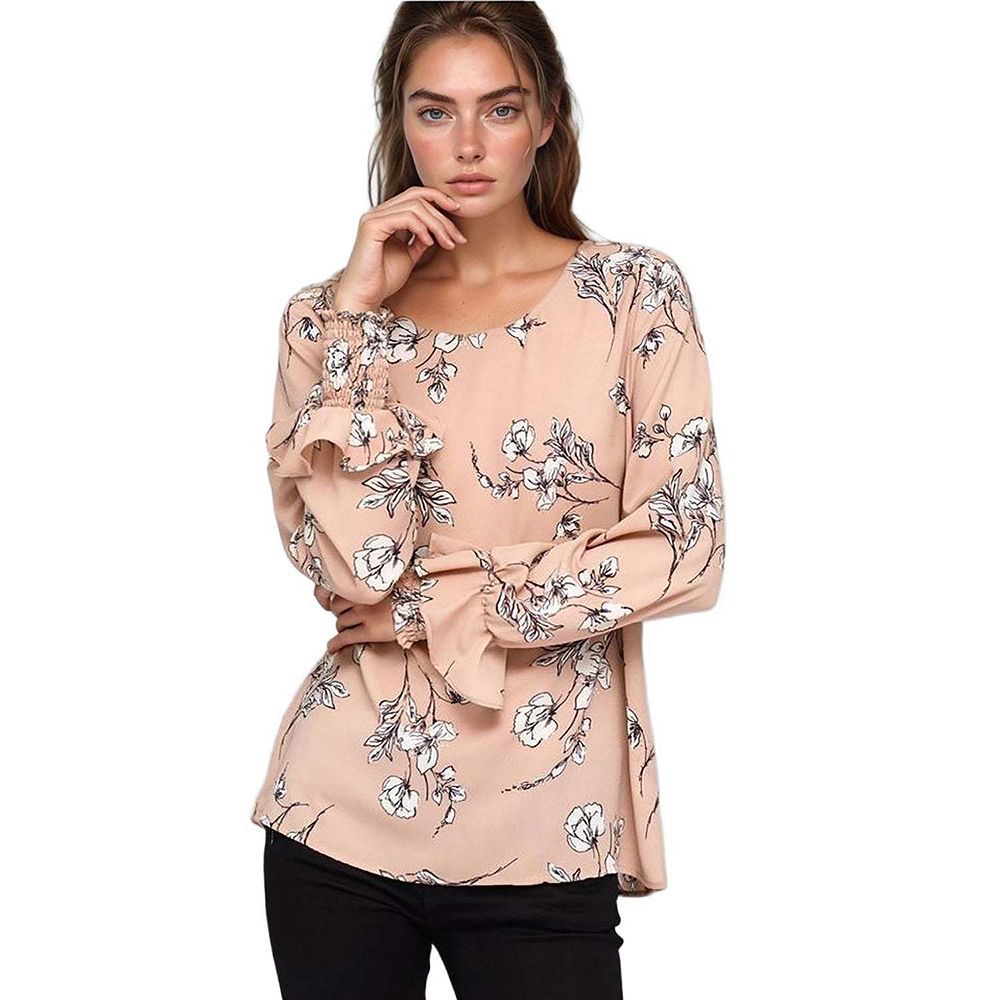 Round Neck Smocked Ruffle Cuff Top