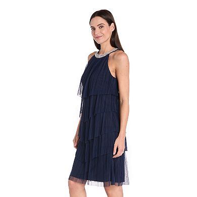 Petite R&M Richards Pleated Mesh Scarf Tiered Chemise Dress