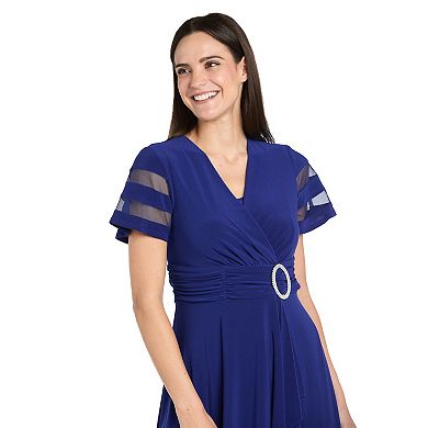 Petite R&M Richards Sheer Sleeve Detail Cascade Wrap Dress