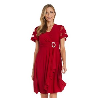 Petite R&M Richards Sheer Sleeve Detail Cascade Wrap Dress