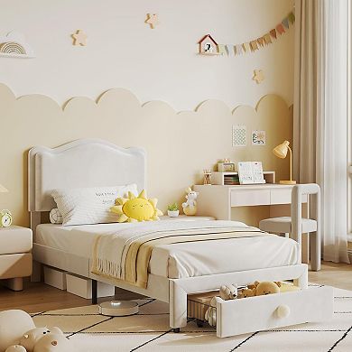 Upholstered Princess Twin Bed with Storage Drawer & Scallop Headboard - Platform Frame for Kids
