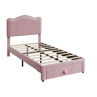 Upholstered Princess Twin Bed with Storage Drawer & Scallop Headboard - Platform Frame for Kids