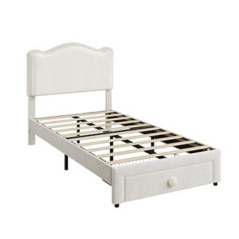 Upholstered Princess Twin Bed with Storage Drawer & Scallop Headboard - Platform Frame for Kids