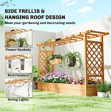 Outsunny Wooden Planter Box with Trellis, Garden Bed with Hanging Roof