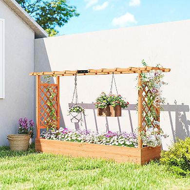 Outsunny Wooden Planter Box with Trellis, Garden Bed with Hanging Roof