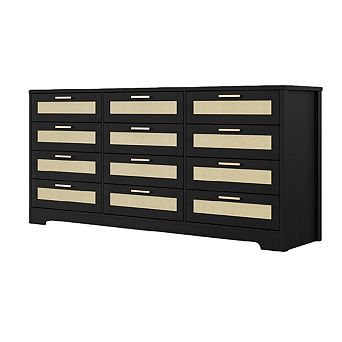 12 Drawer Dresser for Bedroom, Modern Rattan Chest of Drawers, Wood Storage Organizer