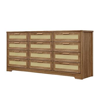 12 Drawer Dresser for Bedroom, Modern Rattan Chest of Drawers, Wood Storage Organizer