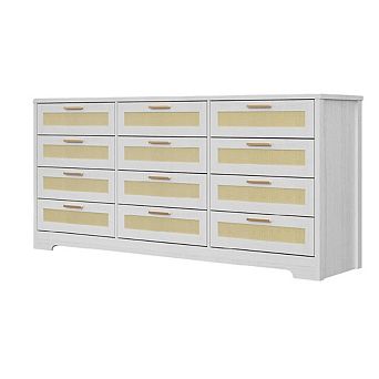 12 Drawer Dresser for Bedroom, Modern Rattan Chest of Drawers, Wood Storage Organizer