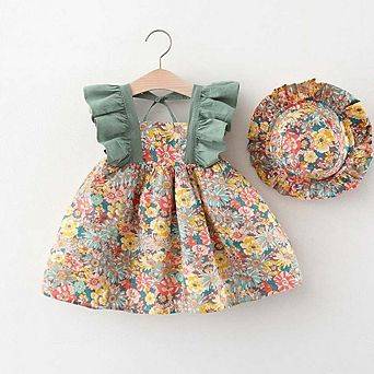 Baby Girl Flower Pattern Butterfly Sleeve Design Cute Dress With Hat