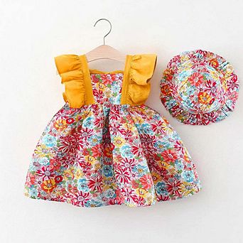 Baby Girl Flower Pattern Butterfly Sleeve Design Cute Dress With Hat