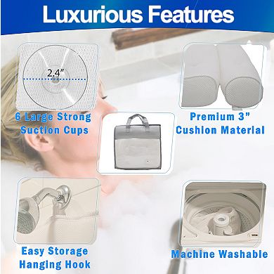 Tub Headrest Pillow 6 Suction Cups, Quick Dry Mesh, Machine Washable for Bathtub Soaking