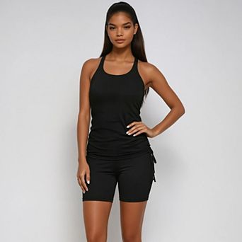 Women's Maya Tankini Swim Top With Built-In Bra and Black Mid-Thigh Swim Shorts