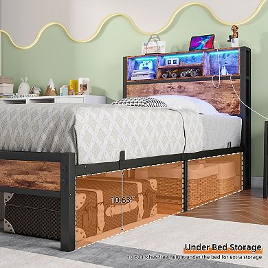 Twin Size Bed Frame with Storage Headboard and LED