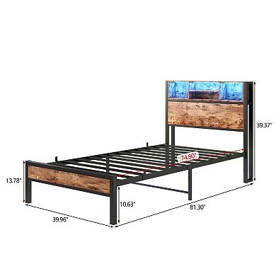 Twin Size Bed Frame with Storage Headboard and LED
