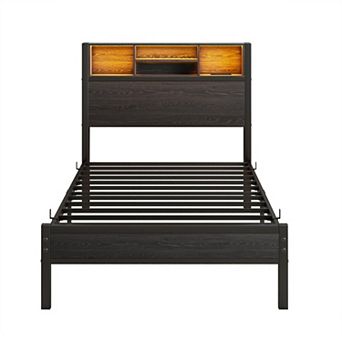 Twin Size Bed Frame with Storage Headboard and LED