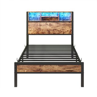 Twin Size Bed Frame with Storage Headboard and LED