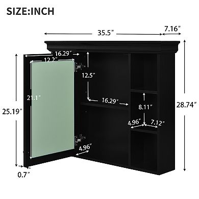 Wall Mounted Medicine Cabinet with Mirror Door and 6 Open Shelves, Modern Bathroom Cabinet