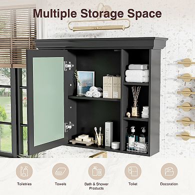 Wall Mounted Medicine Cabinet with Mirror Door and 6 Open Shelves, Modern Bathroom Cabinet