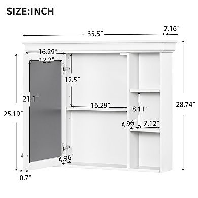 Wall Mounted Medicine Cabinet with Mirror Door and 6 Open Shelves, Modern Bathroom Cabinet