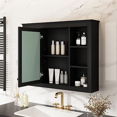 Wall Mounted Bathroom Medicine Cabinet with Mirror and 6 Open Shelves