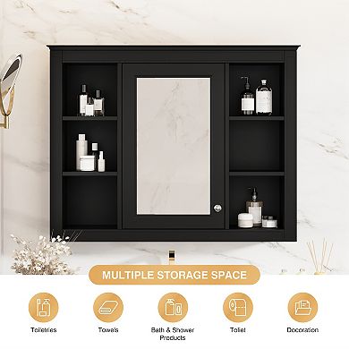 Wall Mounted Bathroom Medicine Cabinet with Mirror and 6 Open Shelves