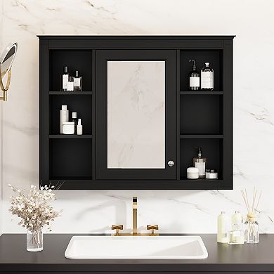 Wall Mounted Bathroom Medicine Cabinet with Mirror and 6 Open Shelves