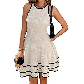 Womens Crew Neck Sleeveless Fit Knit Color Block A-line Midi Dress