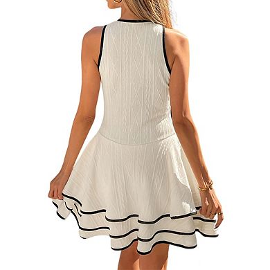 Womens Crew Neck Sleeveless Fit Knit Color Block A-line Midi Dress