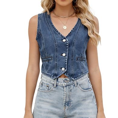 Womens V Neck Sleeveless Denim Vest Button Front Cropped Top