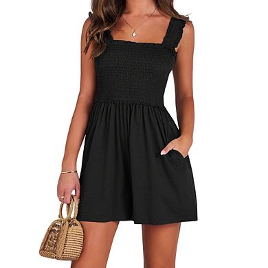 Womens Square Neck Sleeveless Romper Ruffled Straps Smocked Bodice Shorts Pockets Jumpsuits