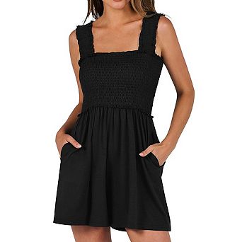 Womens Square Neck Sleeveless Romper Ruffled Straps Smocked Bodice Shorts Pockets Jumpsuits
