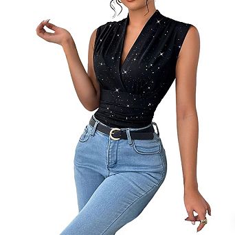 Womens V neck Sleeveless Wrap Front Ruched Waist Sparkle Pattern Fitted Top