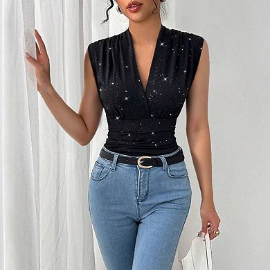 Womens V neck Sleeveless Wrap Front Ruched Waist Sparkle Pattern Fitted Top