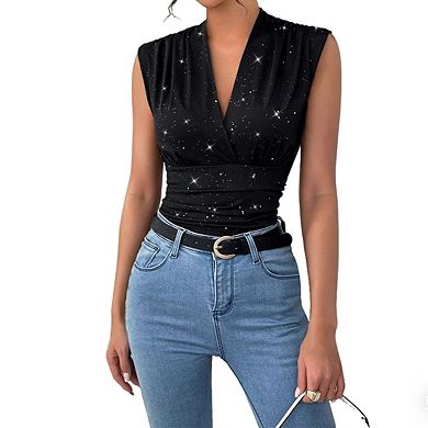 Womens V neck Sleeveless Wrap Front Ruched Waist Sparkle Pattern Fitted Top