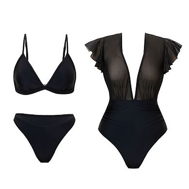 Womens V Neck Ruffl Short Sleeve 3 piece Set Sheer Panel Front Cutout Adjustable Straps Swimwear