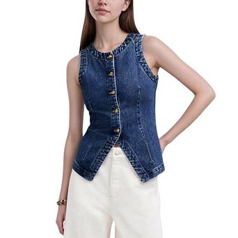 Womens Denim Vests Summer Casual Crew Neck Sleeveless Fitted Button Down Jean Tank Tops Waistcoat
