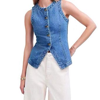Womens Denim Vests Summer Casual Crew Neck Sleeveless Fitted Button Down Jean Tank Tops Waistcoat