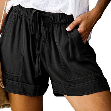 Womens Elastic Waist Drawstring Detail Pockets Rolled Hem Relaxed Shorts