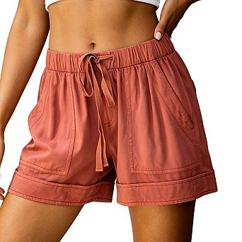 Womens Elastic Waist Drawstring Rolled Hem Relaxed Shorts With Pockets