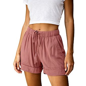 Womens Elastic Waist Drawstring Rolled Hem Relaxed Shorts With Pockets