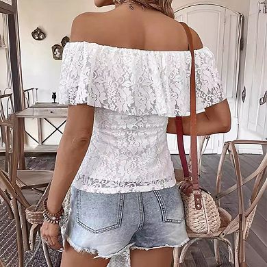 Womens Off shoulder Ruffle Short Sleeve Fitted Floral Lace Top