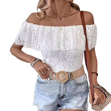 Womens Off shoulder Ruffle Short Sleeve Fitted Floral Lace Top
