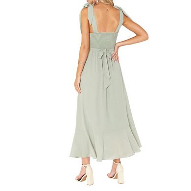 Womens Square Neck Sleeveless Bow Straps Tie Waist Ruffled Hem Side Slit Midi Dress