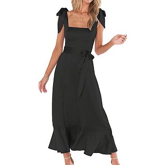 Womens Square Neck Sleeveless Bow Straps Tie Waist Ruffled Hem Side Slit Midi Dress