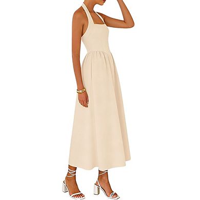 Womens Square Neck Sleeveless Halter Tie Back Smocked Waist Midi Dress
